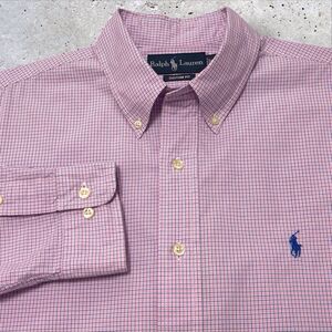 Ralph Lauren Button Custom Shirt Pink Blue Check Plaid Long Sleeve Mens 16 32/33